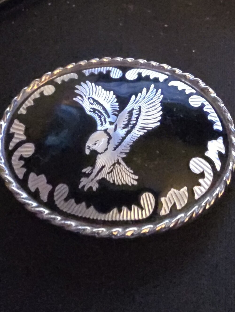 Silver Eagle Oval Brooch on Black Enamel Vintage